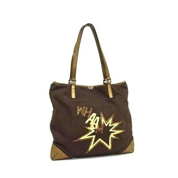 Anya Hindmarch -RARE- WHAM Brown Canvas & Metallic Bronze Leather Tote Bag VGUC - Picture 1 of 12